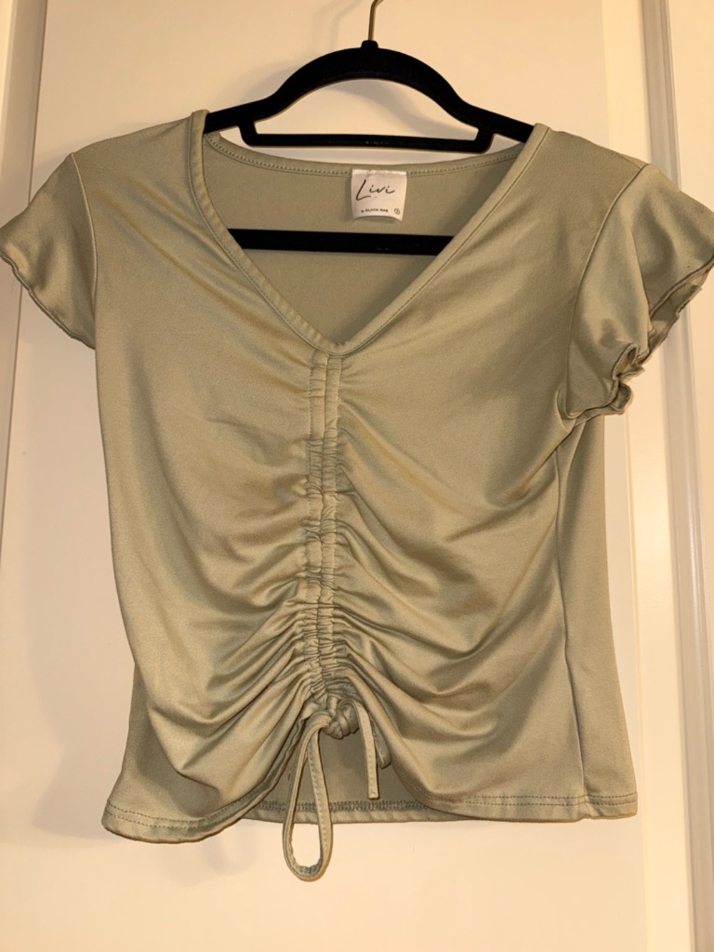 Olivia Rae Sage Drawstring Ruched V-Neck Crop Top